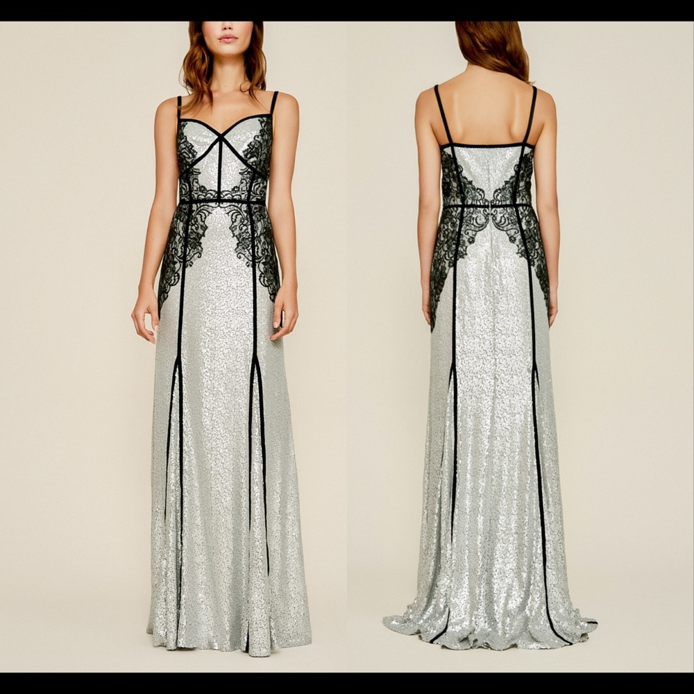 NEW $608 Tadashi Shoji Silver Lace Sequin Gown 6 - Picture 2 of 8